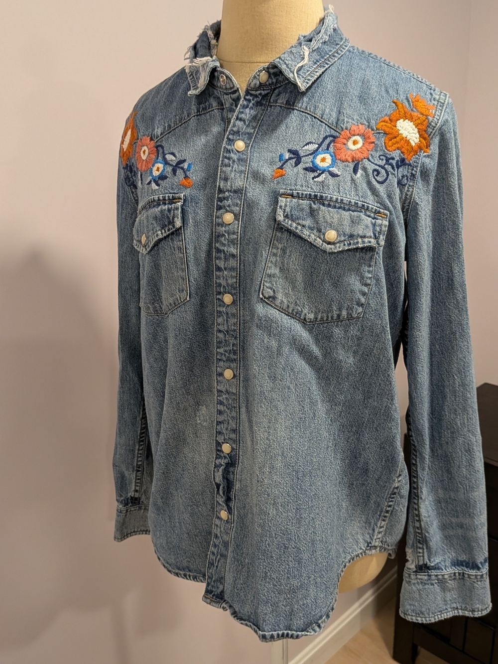 Lucky Brand Blue Denim Embroidered Button-Down Shirt